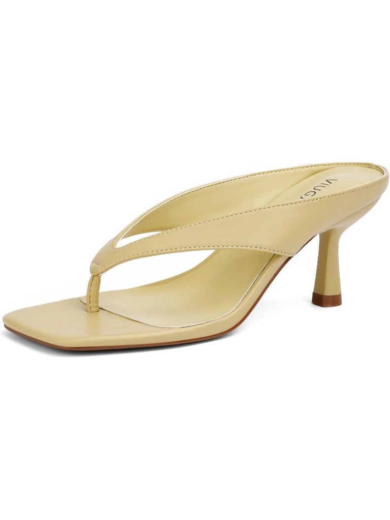 Women’s Yellow Square Open Toe Low Kitten Heels Flip Flop Slip On Slide Shoes